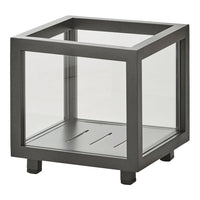 Sleek black metal and clear glass square container with a minimalist design and open base.