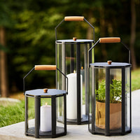 Black metal lanterns with glass sides and wooden handles; featuring a white candle and a green plant inside.