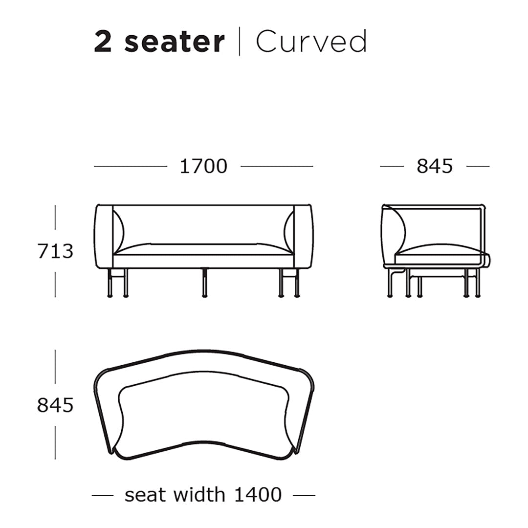 Curved 2-seater sofa with a modern design, featuring smooth lines and a minimalist aesthetic in neutral tones.