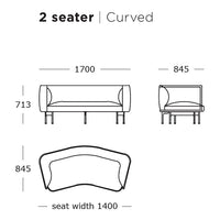 Curved 2-seater sofa with a modern design, featuring smooth lines and a minimalist aesthetic in neutral tones.