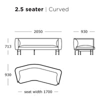 Curved 2.5-seater sofa design with soft lines and neutral tones for a modern look. Ideal for stylish living spaces.
