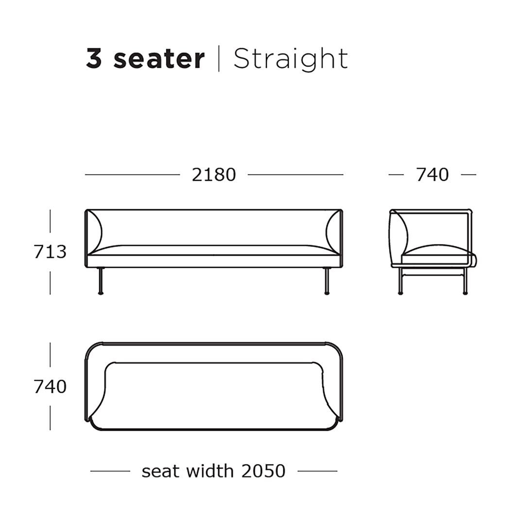 Three-seater sofa with sleek lines and modern design, featuring a solid color and subtle fabric texture.