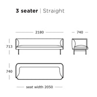 Three-seater sofa with sleek lines and modern design, featuring a solid color and subtle fabric texture.