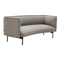 Light gray curved sofa with sleek black legs and minimalist design. Perfect for modern living spaces.