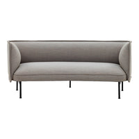 Gray upholstered sofa with a modern design and black metal legs, featuring smooth, minimalist lines.