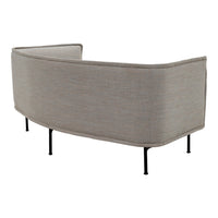 Curved beige couch with a textured fabric and sleek black legs, offering a modern aesthetic for any space.