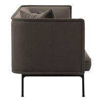 Dark gray upholstered sofa with a clean, modern design and textured fabric, featuring sleek black metal legs.