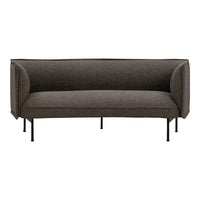 Stylish dark brown sofa with clean lines and textured fabric, featuring minimalist black metal legs.