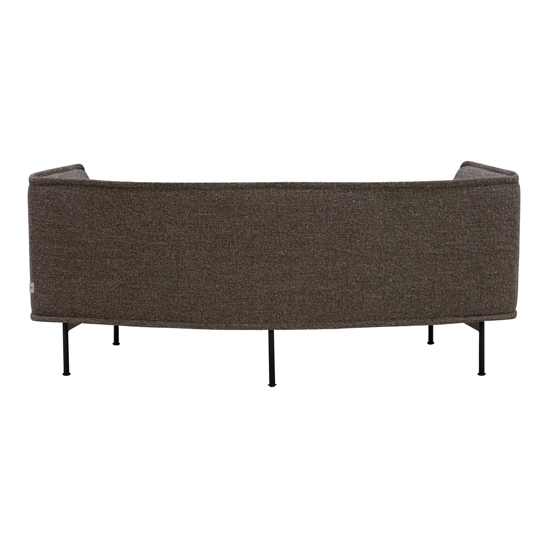 Brown textured fabric sofa with sleek black metal legs, featuring a contemporary curved design.