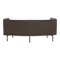 Brown textured fabric sofa with sleek black metal legs, featuring a contemporary curved design.