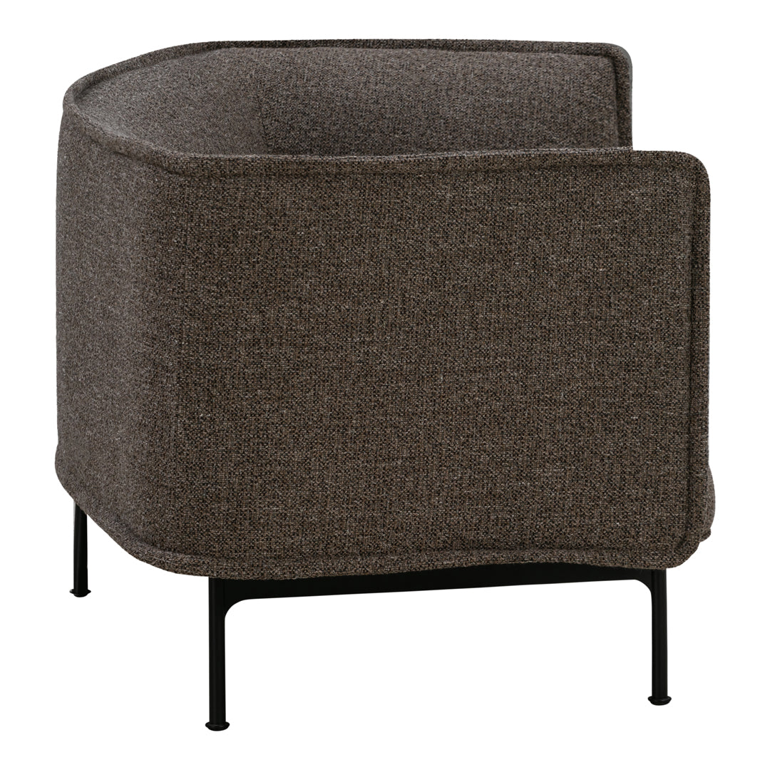 Brown textured fabric chair with a modern curved silhouette and black metal legs. Ideal for contemporary decor.