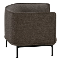 Brown textured fabric chair with a modern curved silhouette and black metal legs. Ideal for contemporary decor.
