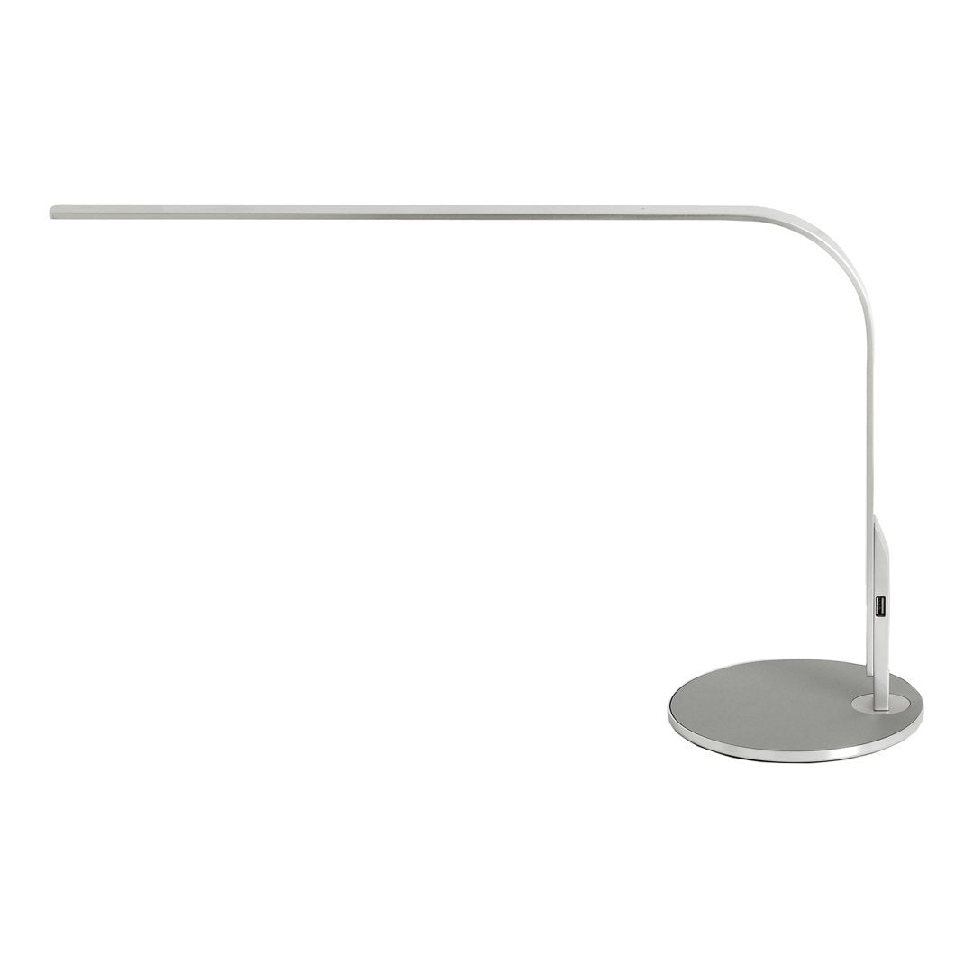 Sleek white desk lamp with a minimalist design and a silver circular base, perfect for modern interiors.