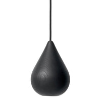 Black teardrop pendant light with a smooth, matte finish and subtle wood grain texture, perfect for modern decor.