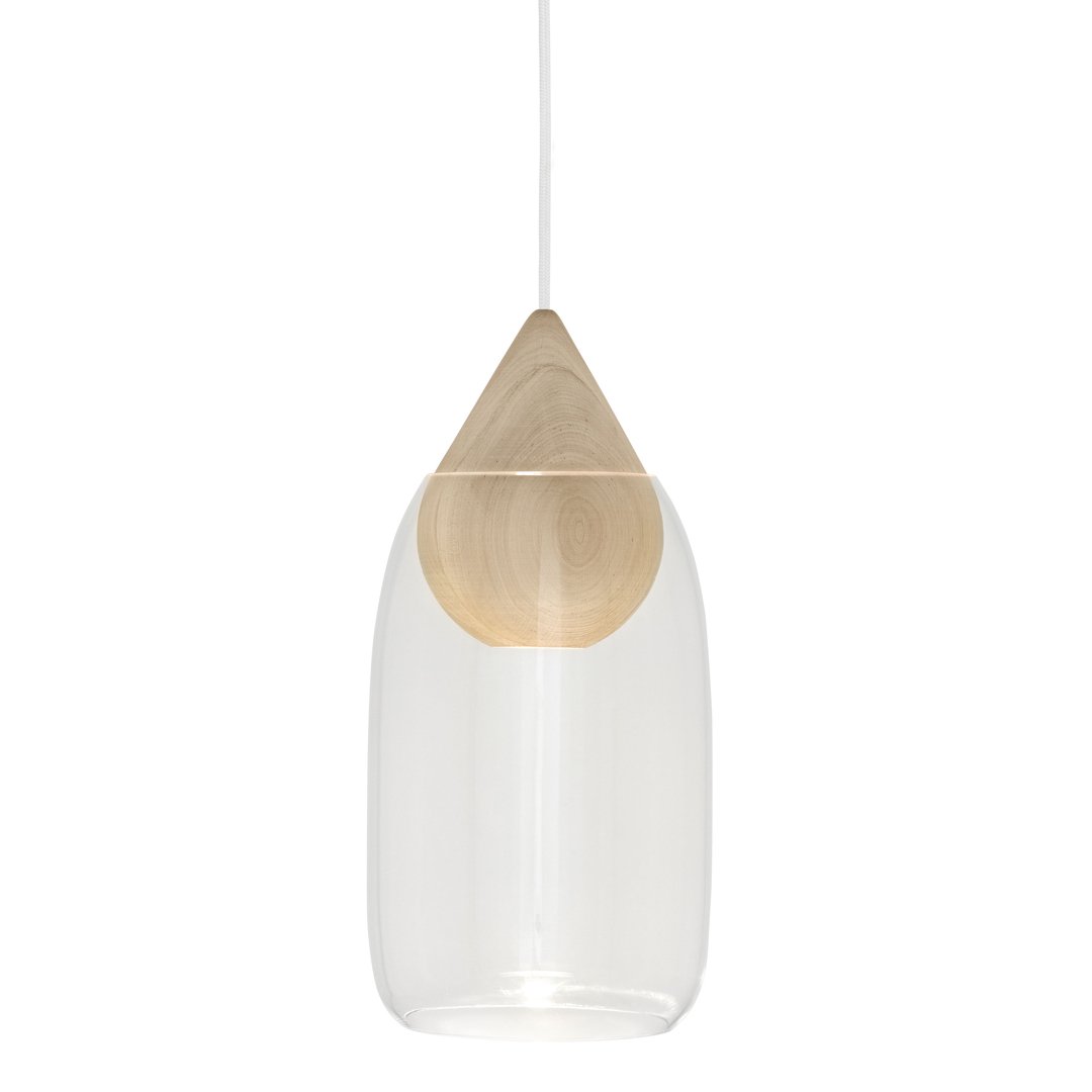 Clear glass pendant light with a natural wood top, featuring a sleek, modern design and minimalist aesthetic.