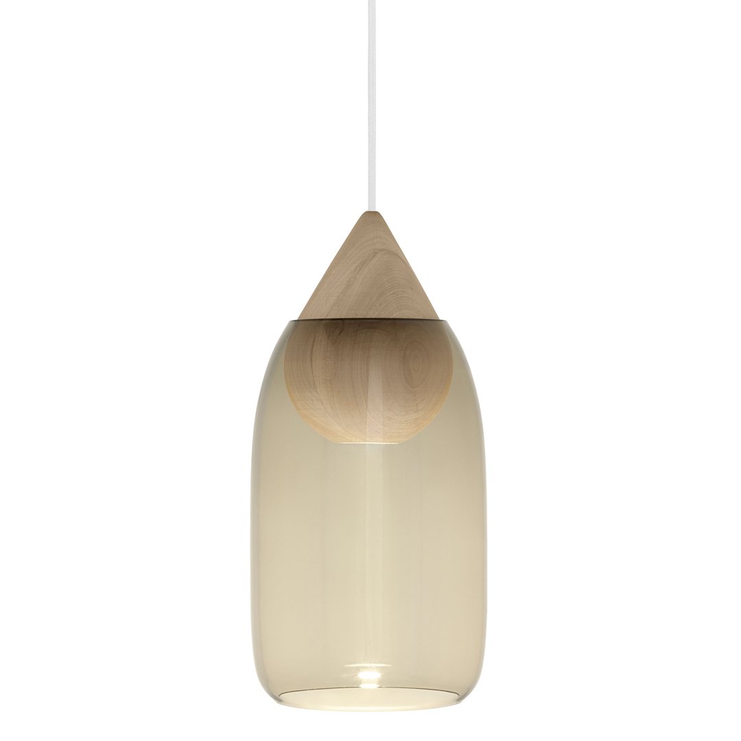 "Stylish pendant lamp with a clear glass body and natural wood top, featuring a modern, minimalist design."
