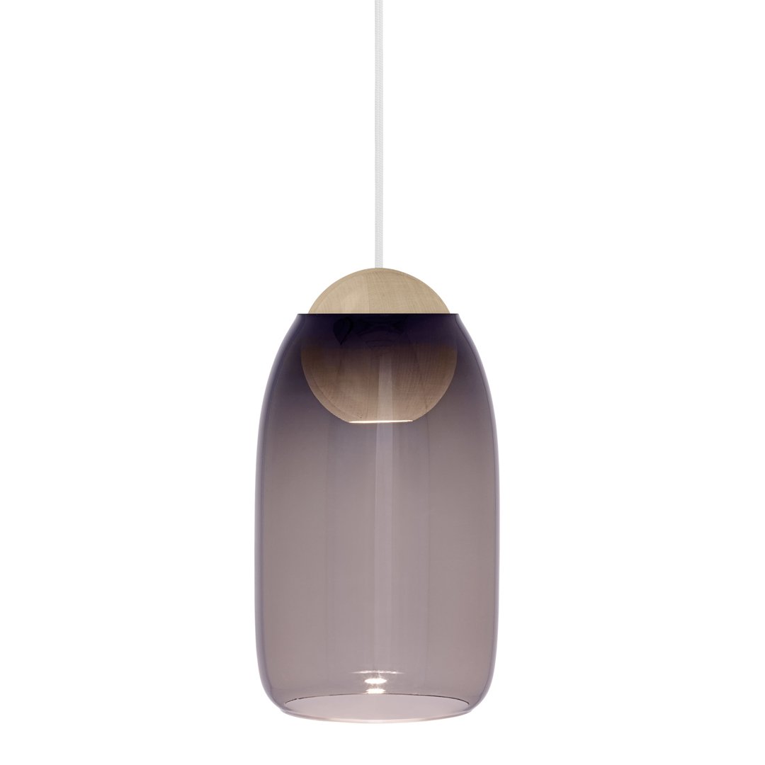 "Modern pendant lamp in translucent smoky purple with a natural wood accent."