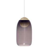 "Modern pendant lamp in translucent smoky purple with a natural wood accent."