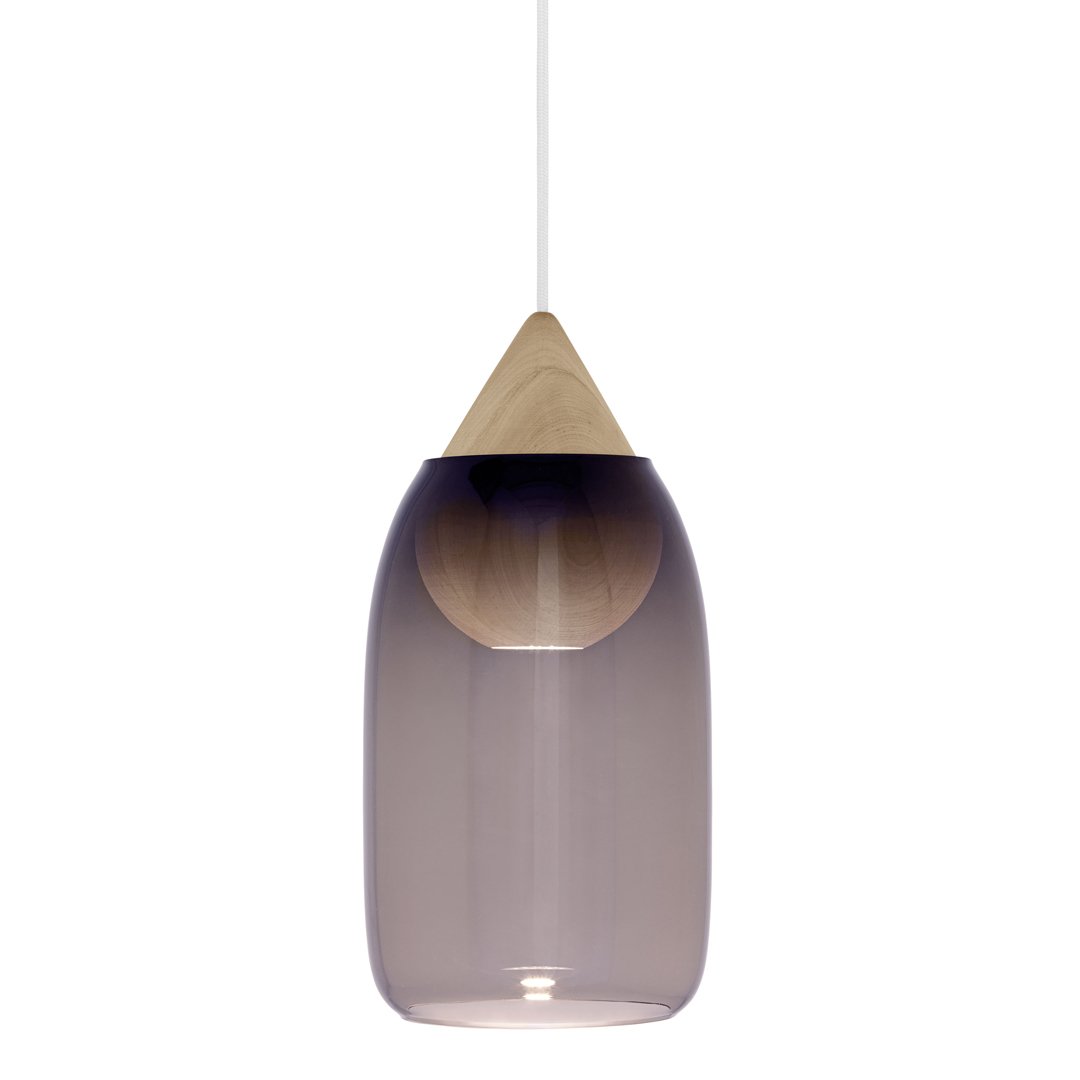 Modern pendant light featuring a gradient purple glass shade and natural wood accent. Ideal for contemporary decor.