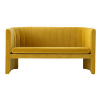 Mustard yellow velvet sofa with vertical ribbed pattern and sleek armrests. Perfect for modern decor.