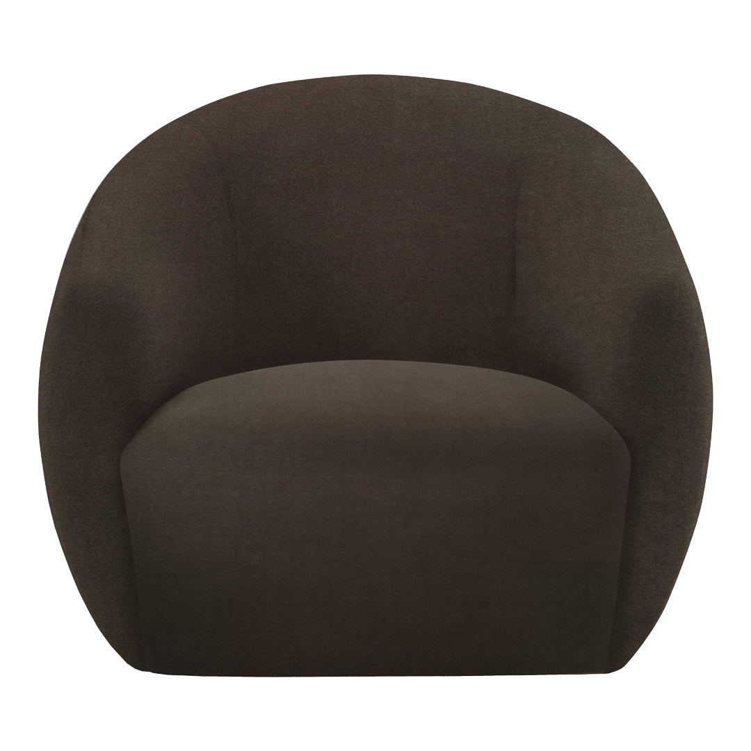 Dark brown upholstered chair with a smooth, rounded design and no visible patterns.