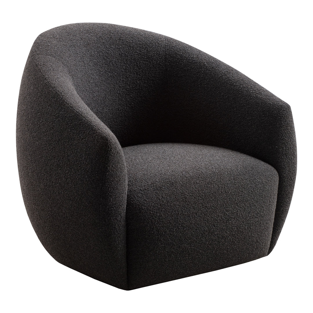 Textured dark gray armchair with a modern round shape, perfect for contemporary interiors.