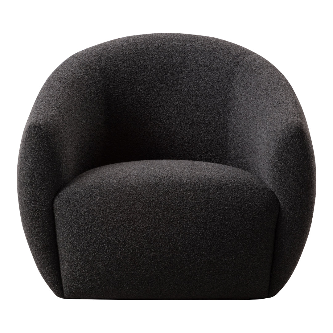 Black upholstered armchair with a smooth, rounded design and textured fabric, perfect for modern interiors.