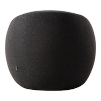Sleek black rounded ottoman, featuring a smooth, textured surface with a modern aesthetic.