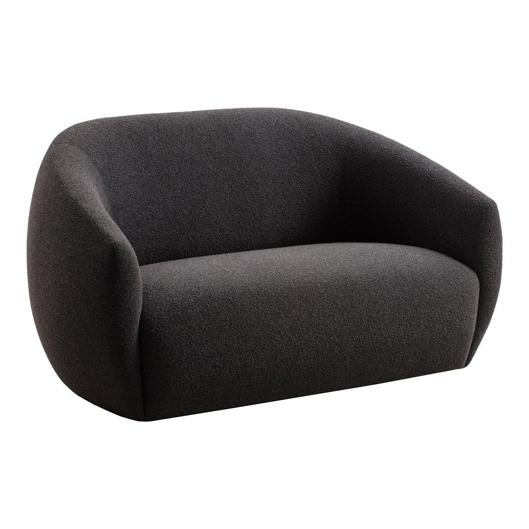 Cozy dark gray upholstered sofa with a smooth, rounded shape and minimalistic design. Perfect for modern interiors.