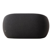 Black fabric speaker with a sleek oval shape and a textured finish, perfect for modern decor. 