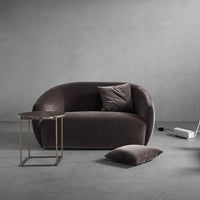 Soft gray velvet sofa with curved design, accented by a dark gray cushion and a chic gold side table. Minimalist decor elements.
