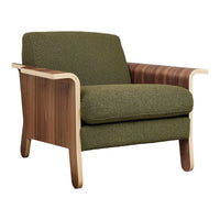 Green textured upholstery with warm wooden accents in a modern chair design. Perfect for any stylish living space.