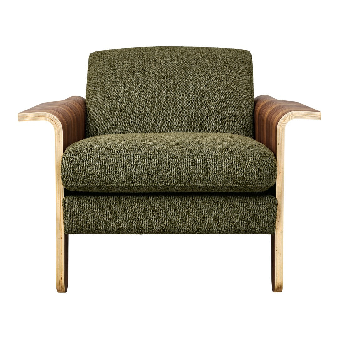 Olive green upholstery with a textured pattern, complemented by natural wood arms for a modern aesthetic.