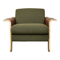 Olive green upholstery with a textured pattern, complemented by natural wood arms for a modern aesthetic.