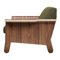 Mid-century modern chair featuring a walnut wood frame and olive green upholstery, combining natural textures and colors.