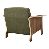 Olive green textured upholstery with light wood accents, featuring a modern, minimalist design.
