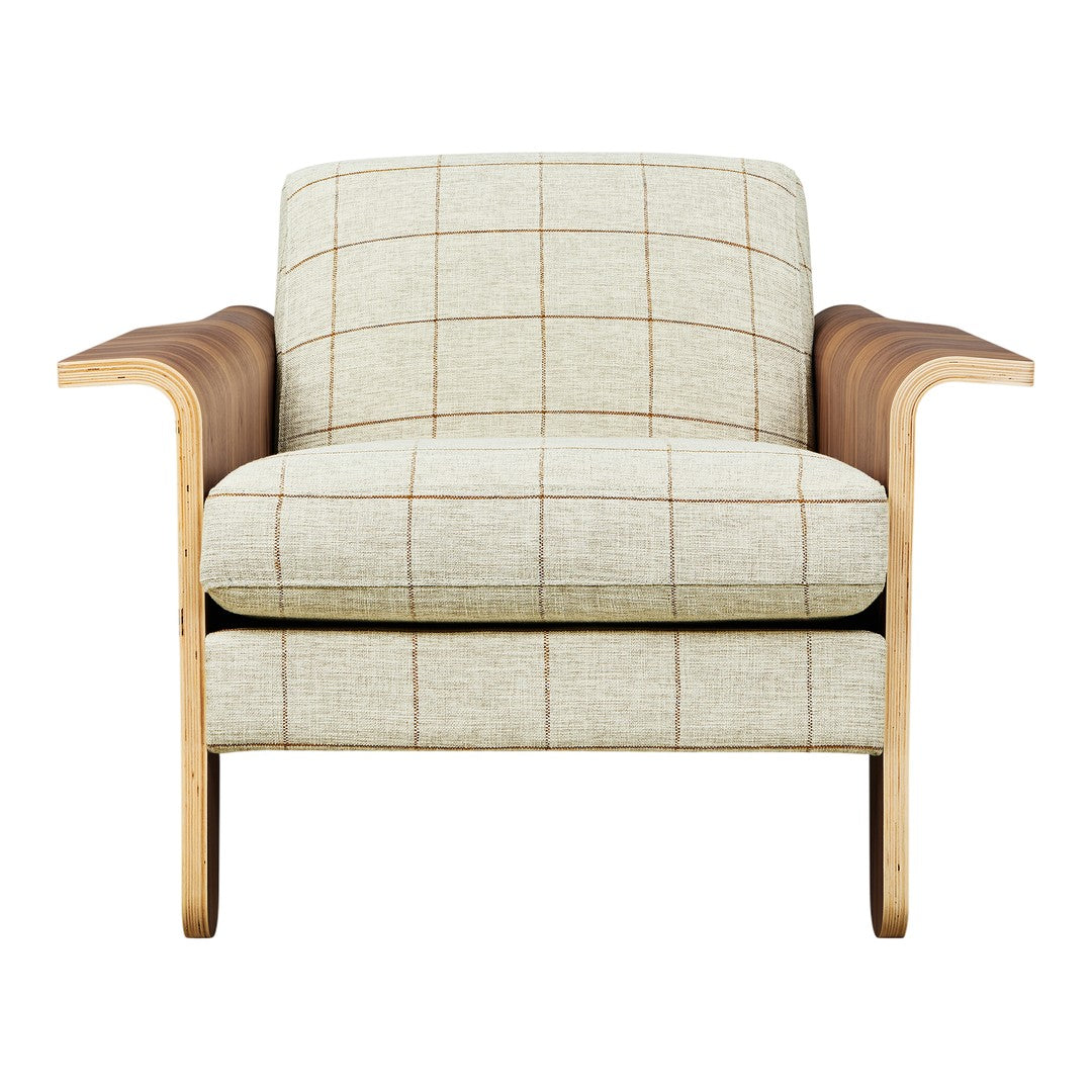 Light beige fabric chair with subtle plaid pattern and wooden armrests, offering a modern aesthetic.