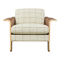 Light beige fabric chair with subtle plaid pattern and wooden armrests, offering a modern aesthetic.