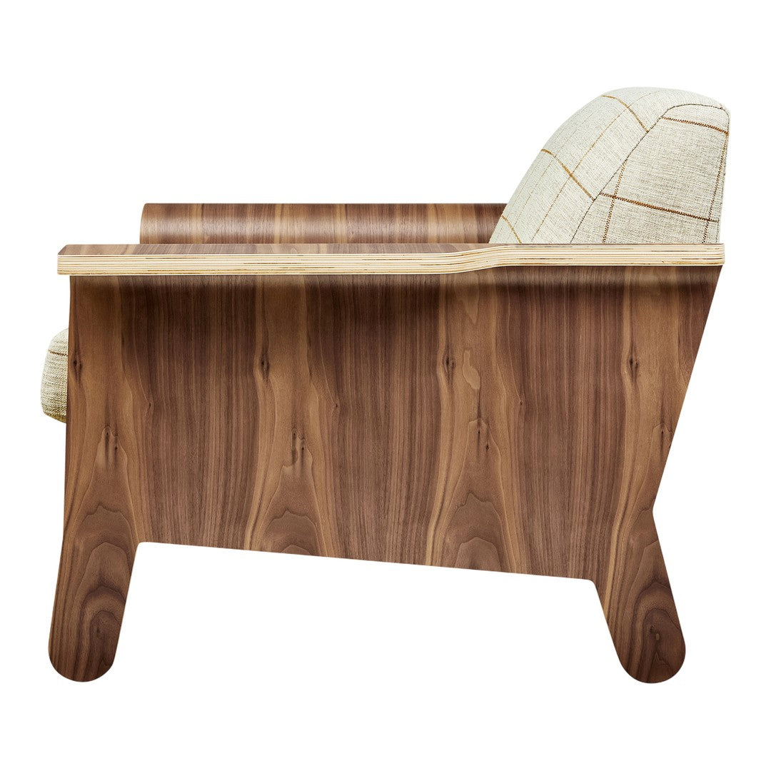 Walnut wood finish with a beige and cream plaid-patterned upholstered cushion for a stylish contrast.