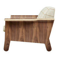Walnut wood finish with a beige and cream plaid-patterned upholstered cushion for a stylish contrast.