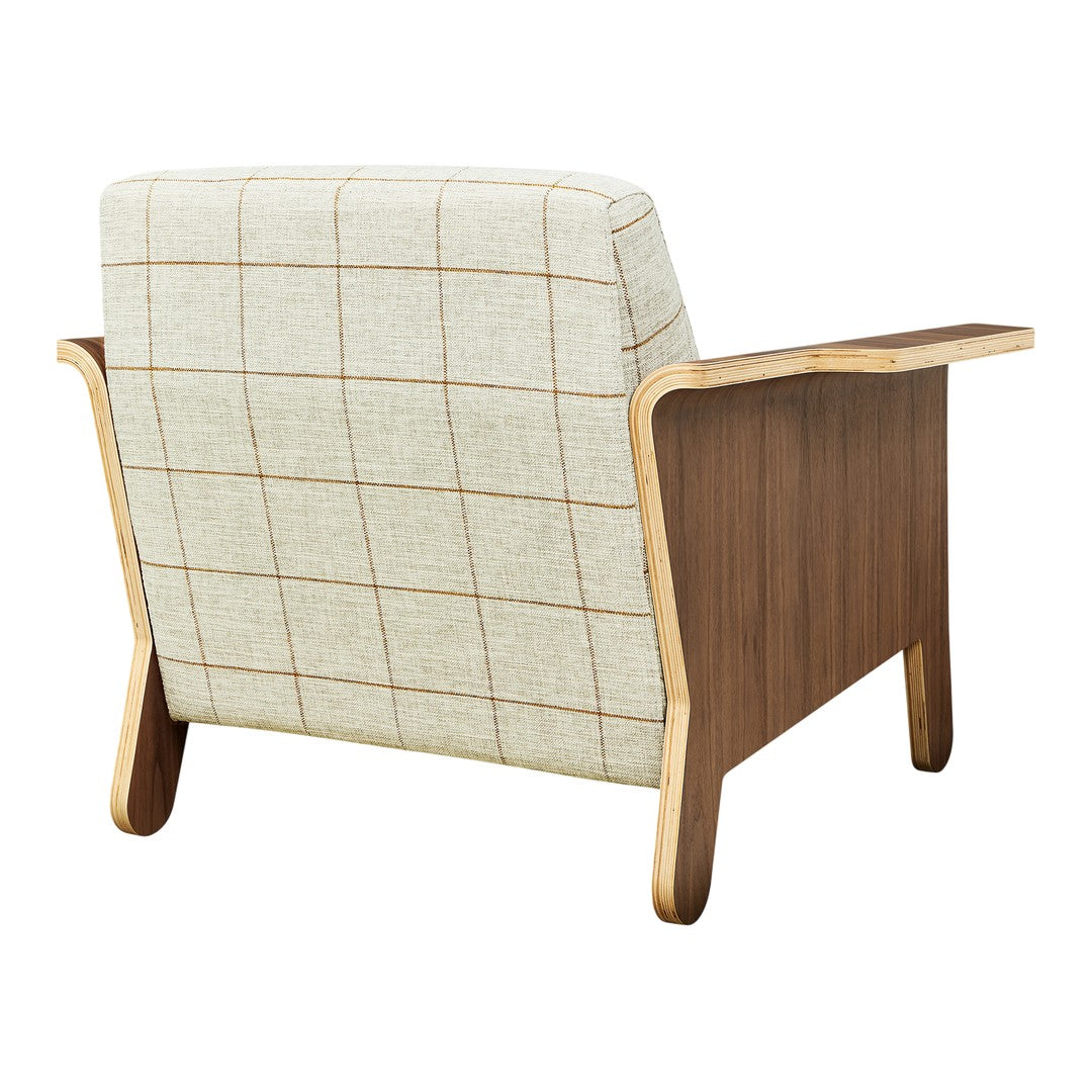 Beige checkered upholstery with brown wooden accents, adding a stylish and modern touch to any space.