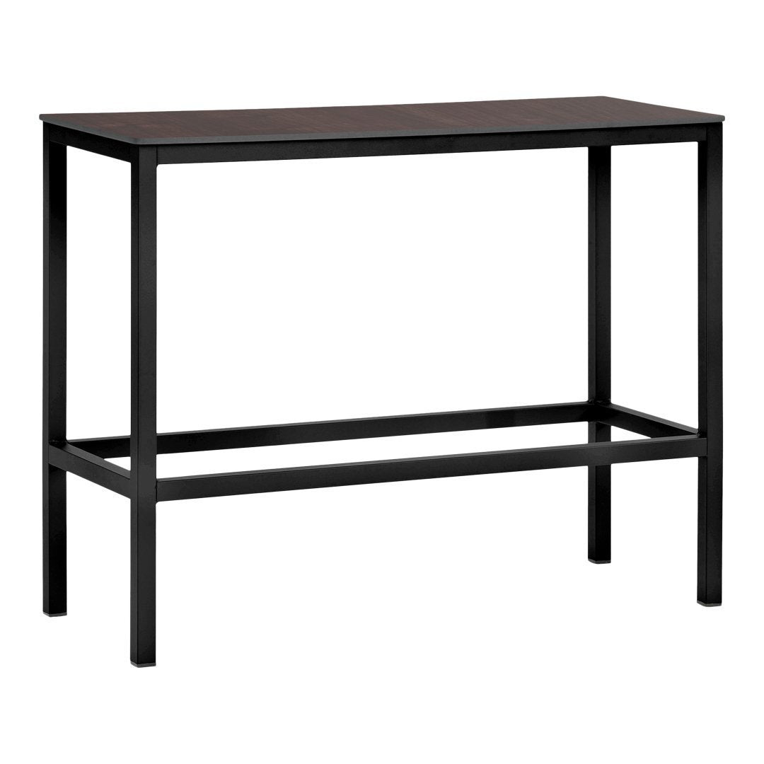 Black metal frame console table with a solid dark wood top; minimalist design complements various decor styles.