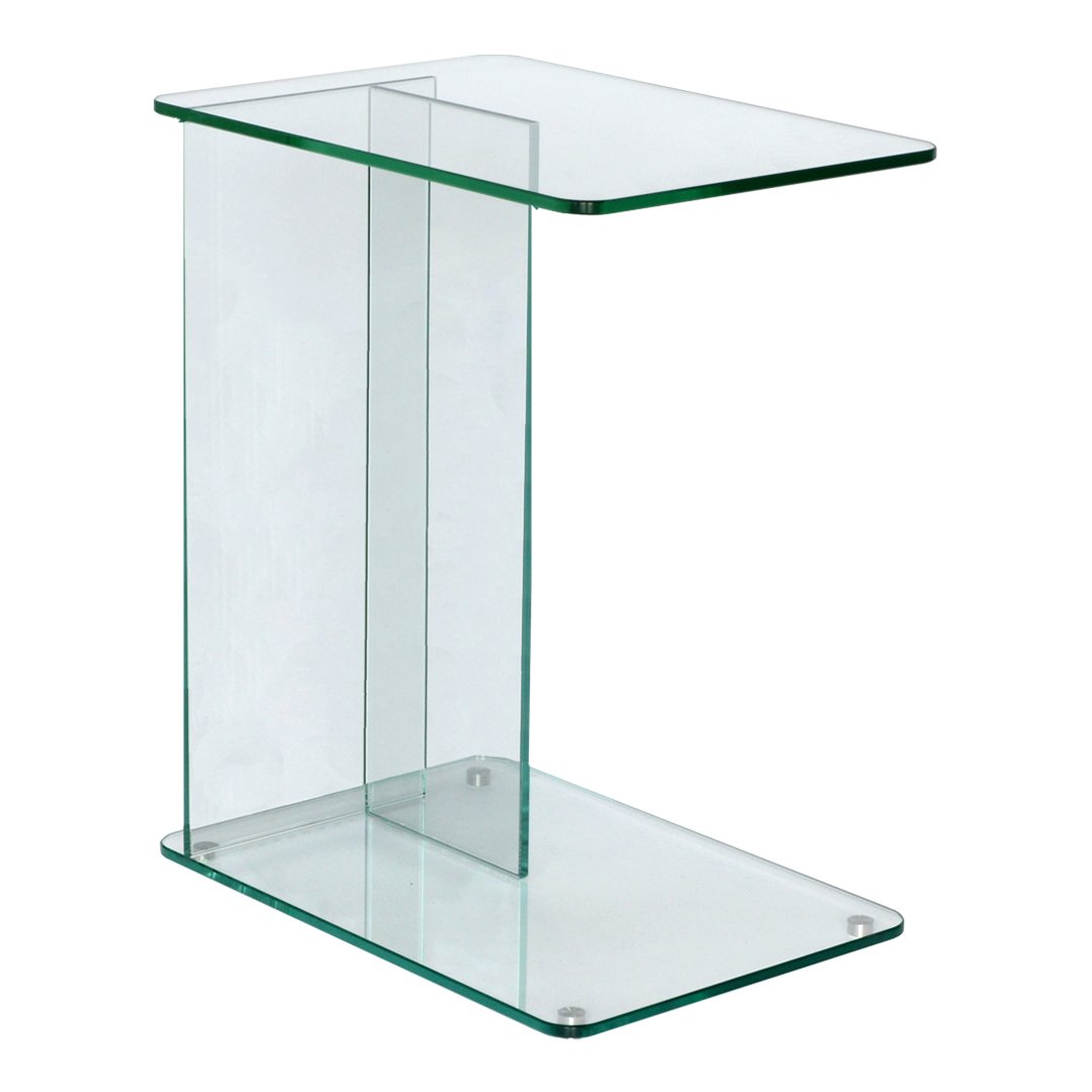 Transparent glass side table with sleek, modern lines and minimalistic design, perfect for any contemporary decor.