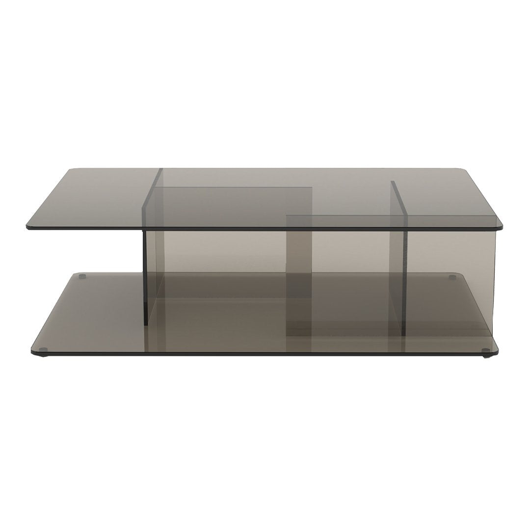 Smoky gray glass coffee table with a sleek, modern design and minimalist pattern. Ideal for contemporary interiors.