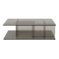 Smoky gray glass coffee table with a sleek, modern design and minimalist pattern. Ideal for contemporary interiors.