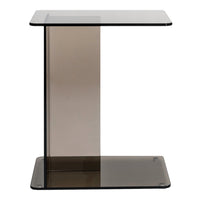 Smoky gray glass side table with a sleek, minimalist design and smooth, reflective surfaces. Perfect for modern decor.