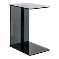 Sleek black glass side table with a minimalist design, featuring smooth surfaces and clean lines.
