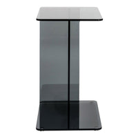 Sleek black glass side table with a modern design and smooth, reflective surfaces. Perfect for contemporary decor.