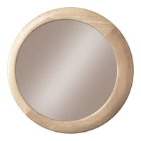 Round mirror with a smooth, reflective surface and natural wood frame, showcasing a light beige finish.