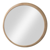 Round mirror with a smooth, reflective surface and a natural wood frame, featuring a light beige finish.